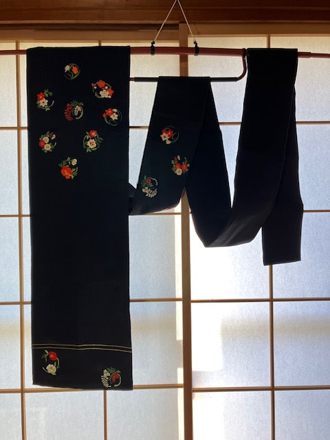 【SALE】Fukuro Obi Sash Flowers Black Preowned