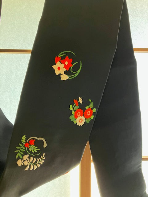 【SALE】Fukuro Obi Sash Flowers Black Preowned