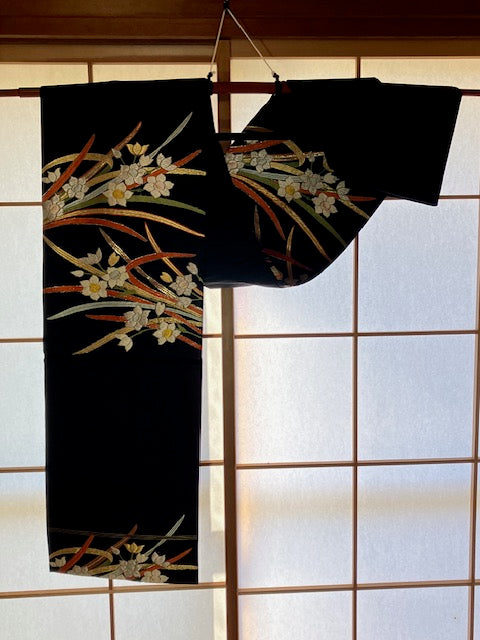 【SALE】Nagoya Obi Sash Suisen Daffodils Black Preowned