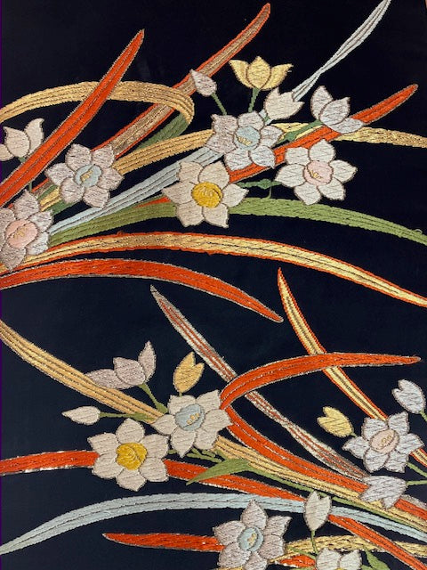【SALE】Nagoya Obi Sash Suisen Daffodils Black Preowned