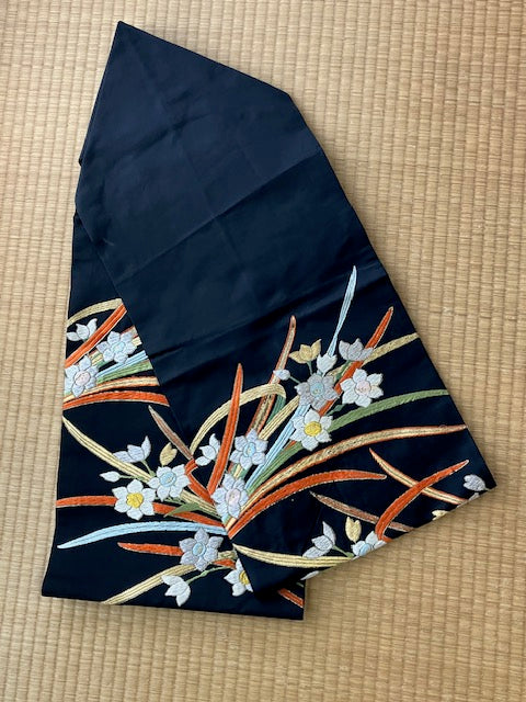 【SALE】Nagoya Obi Sash Suisen Daffodils Black Preowned