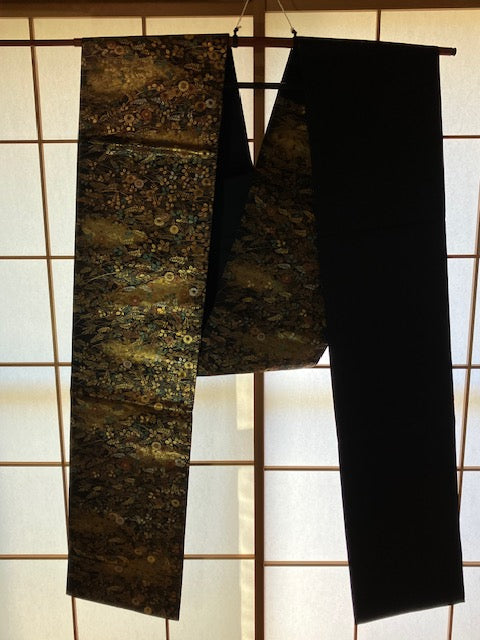 【SALE】 Nagoya Obi Sash Flowers Black Preowned