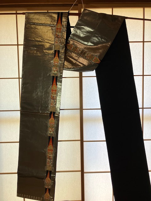 【SALE】 Fukuro Obi Sash Silver & Orange Preowned