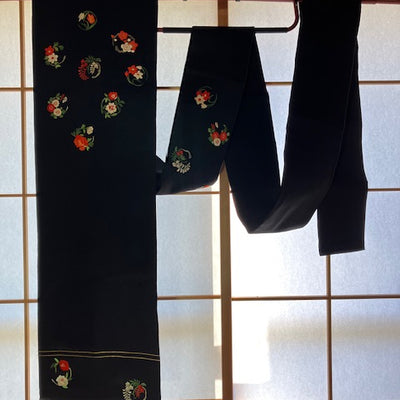 【SALE】Fukuro Obi Sash Flowers Black Preowned