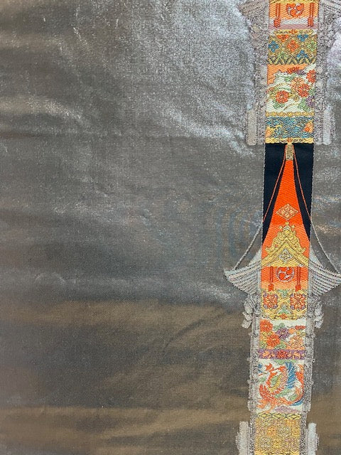 【SALE】 Fukuro Obi Sash Silver & Orange Preowned