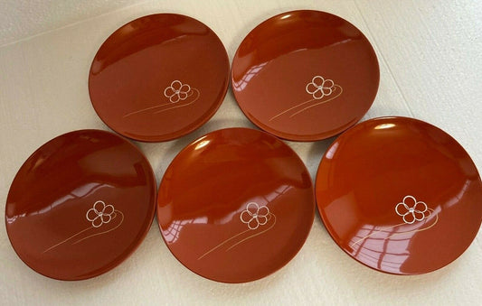 Preowned WAJIMA-NURI Lacquerware 5 Plates Set 5.3in Red